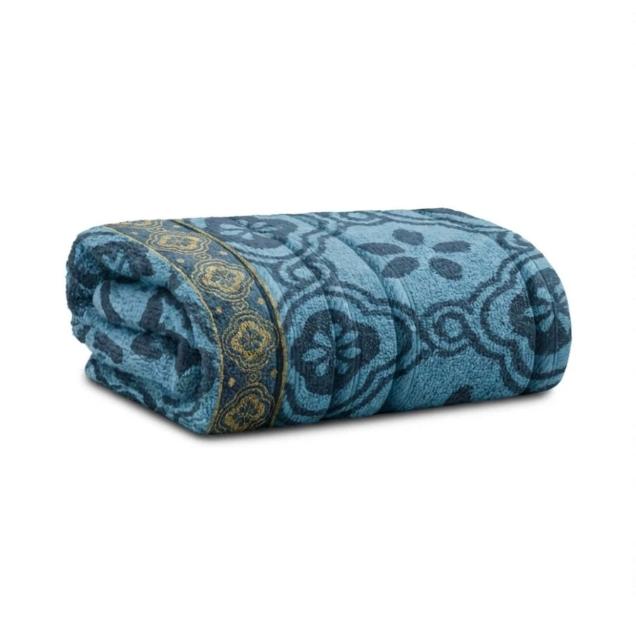 Large Soft Cotton Bath Towel With Luxury Print, 70*1.40 Cm - 圖案 1 - 藍色 - 查看 1