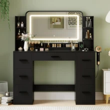 Vanity Desk With Lights, Large LED Mirror With 3 Color Modes, Makeup Vanity With Power Outlet & USB Ports, 7 Drawers - 黑色 - 查看 1