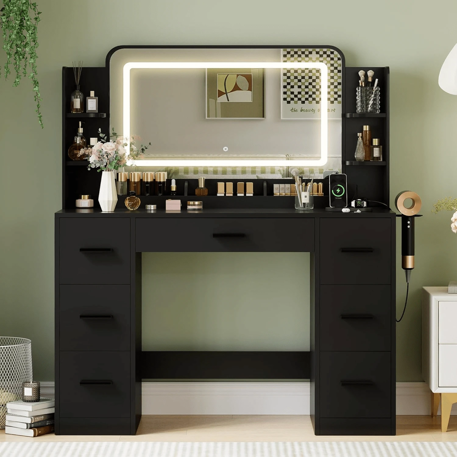 Vanity Desk With Lights, Large LED Mirror With 3 Color Modes, Makeup Vanity With Power Outlet & USB Ports, 7 Drawers - 黑色 - 查看 1