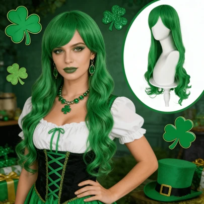 St. Patrick's Day Green Versatile Cosplay Wig, Heat Resistant Fiber Long Big Wave Curly Wig With Side Part, Women's Full Head Wig For Irish Themed Party, Role Play And Stage Performance