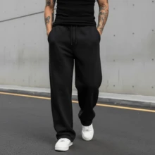 Calça Moletom Wide Leg Masculina Para O Inverno Sem Estampa Perna Larga Confortável Estilosa - Preto - Visão 1