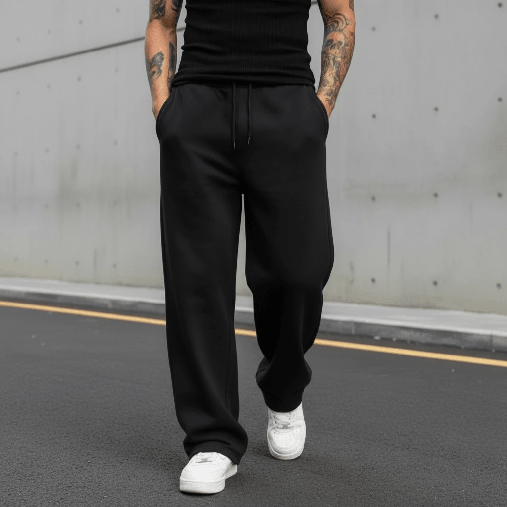 Calça Moletom Wide Leg Masculina Para O Inverno Sem Estampa Perna Larga Confortável Estilosa - Preto - Visão 1