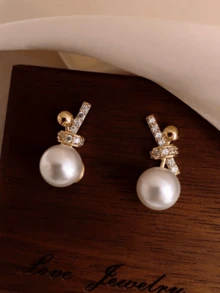 1对简约百搭蝴蝶结珍珠耳钉，时尚几何图案优雅锌合金耳环 - 金色 - 查看 4