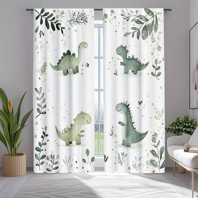 2 pezzi Tende digitali stampate in stile bambino con dinosauro verde bianco e motivi botanici, in tessuto 100% poliestere, stile a passante, senza fodera, 90 g/m², larghezza 180 cm, ideali per camera da letto, soggiorno, sala da pranzo, bagno, uso esterno