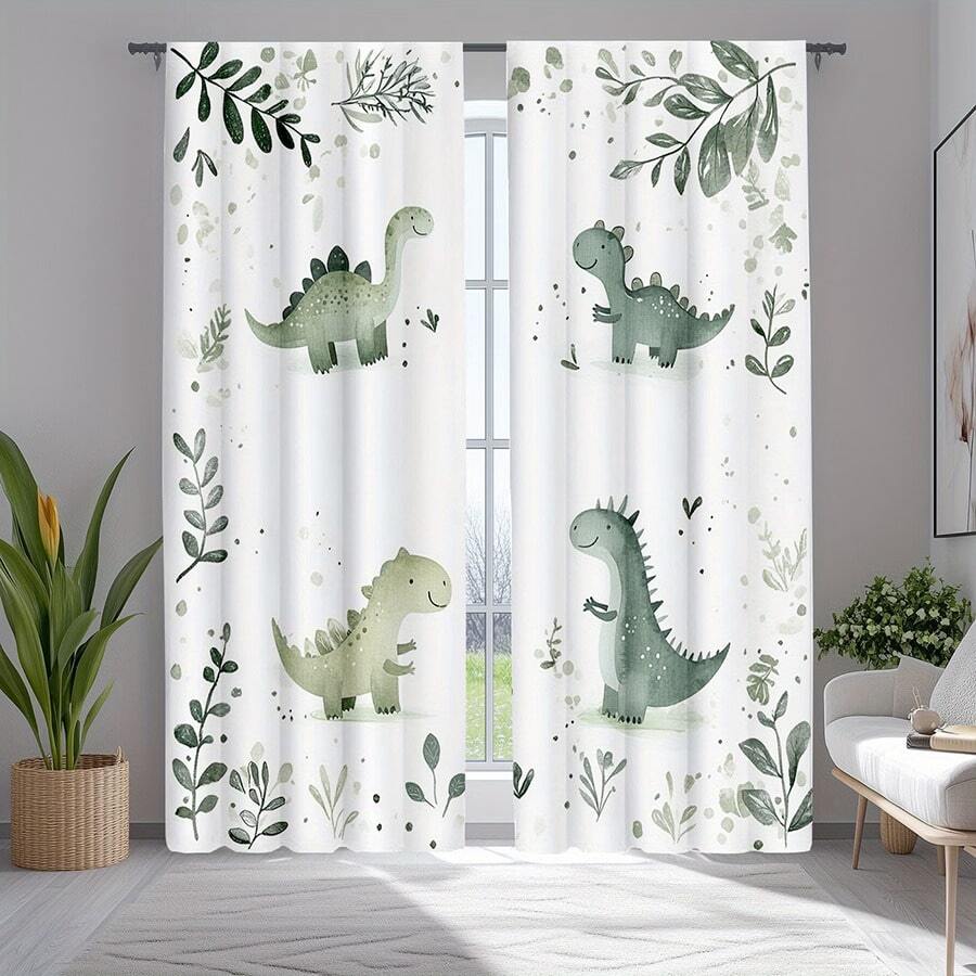 Bộ 2 rèm cửa in kỹ thuật số phong cách màu nước hình khủng long và cây cối, chất liệu 100% polyester, kiểu treo thanh rèm, không có lớp lót, định lượng 90gsm, rộng 180cm, thích hợp cho phòng ngủ, phòng khách, phòng ăn, phòng tắm, ngoài trời. - Nhiều màu - Xem 1