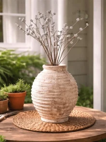 1pc 6.3 Inch Ceramic Rustic Style Vase, Decor - Rustic Flower Pot - Home Decor Vase, Bohemian Style, Wabi-Sabi Style - Oatmeal Color - A - View 1