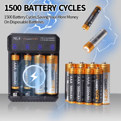  POWERKAN Juego de Carga Completo: Cargador USB Universal de 4 Ranuras NL4 con Indicadores LED y Protección contra Sobrecarga, Compatible con Baterías Recargables AA/AAA de 1.2V Ni-MH / 1.5V Li-Ion, Incluye 4 Baterías (4x AA 800mAh)