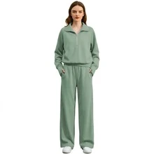 Women's 2 Piece Tracksuit Set - Half Zip Hoodie & Wide Leg Pants Loungewear With Pockets,Cozy 2 Piece Lounge Set - Sweatshirt & High Waisted Joggers For Home & Gym - Green - View 15