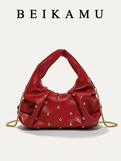 1pc BEIKAMU Fashion Solid Color PU Crescent Bag, Rivet Decor Chain Shoulder Bag, Suitable For University, Commuting, Shopping, Strolling, Daily Use