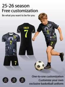 2pcs Set Fully Allover Print Black God Master Burning Flower Boys' Football Suit, Customized Name & Number Jersey, #7 Print Sports Player, Short Sleeve Shorts Set, Suitable For Boys Girls, Custom Football Kit 2026, Personalized Gift - Black - View 3