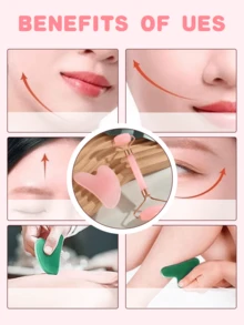 Gua Sha & Jade Roller Facial Tool Set, Helps Reduce Puffiness And Redness, Skincare Daily Care, Unisex Self-Care Gift - Pink - View 6