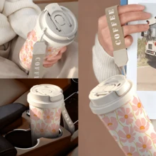 1个/18盎司花卉图案保温旅行咖啡杯，配皮质提手 - 保温12小时，保冷24小时 - 防漏可重复使用，适合办公室、通勤和户外活动 - 送给她的礼物 - 彩色 - 查看 4