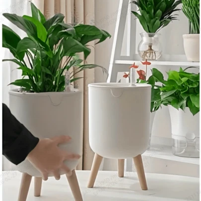 1pc Large Faux Wood Automatic Watering Planter - Breathable, Multi-Scene Indoor Planter Suitable For Succulents And Greenery, Great For Living Room And Balcony, Large Planter Suitable For Outdoor Plants