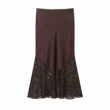 Mellowy Spring/Summer New Women's Fashion European And American Style Minimalist Mid-Waist Lace Trim Satin Skirt - Brown - View 6