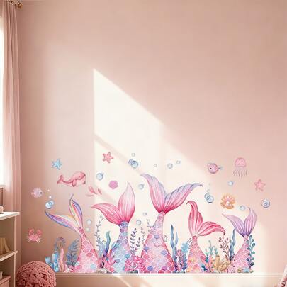 ملصق حائط بشكل ذيل حورية البحر الملون | قابل للإزالة مقاوم للماء قابل للتقشير، فن عالم تحت الماء، مناسب لغرفة الأطفال وغرفة البنات وديكور غرفة اللعب