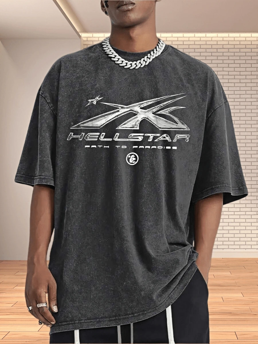 Men's Classic Crew Neck Printed T-Shirt |   Short Sleeve, Star And Flame Pattern, Stylish And Casual, Lightweight And Comfortable, Showing Personal Style. Made Of 100% Breathable Cotton Fabric, Suitable For All Seasons. Perfect For Daily Outings And Outdoor Activities. Men's Printed T-Shirt, An Ideal Gift For Family And Friends. - 黑色 - 查看 1