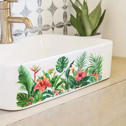 1 pieza Pegatina autoadhesiva con patrón tropical de flores y hojas, calcomanía de arte de pared de azulejos botánicos para baño