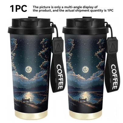 1pc/5pcs 500ml Moonlit Lake Forest Travel Mug - Leakproof Pixel Art Insulated Tumbler With Strap For Hikers, Campers & Evening Walks.