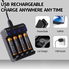 POWERKAN 全套充电套装：NL4 四槽通用 USB 充电器，带 LED 指示灯和过充保护，支持 1.2V 镍氢/1.5V 锂离子可充电 AA/AAA 电池，附带 4 节电池（4 节 AA 800mAh） - Set(AA800x4pcs++NL4) - 查看 8