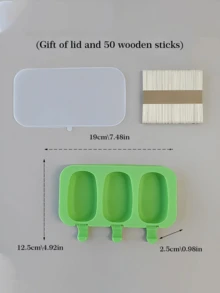 1pc 3-Cavity Oval Silicone Ice Pop Mold, DIY Ice Cream Popsicle Maker, Comes With Lid And 50pcs Wooden Sticks - Multicolor - View 15
