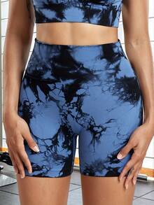 女士高腰无缝抽绳染色瑜伽短裤，修身提拉短裤，适合日常锻炼运动 - 藏蓝色 - 查看 5