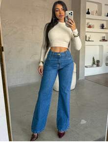 Women's Wide Leg Dark High Waist Jeans (No Lycra) 100% Cotton - 寬廣清晰 - 查看 5