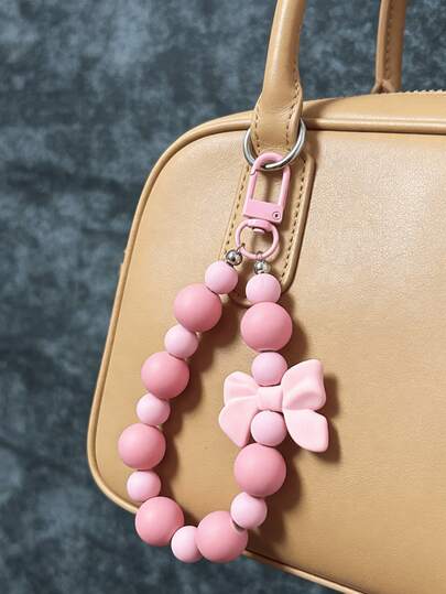 1pc New Candy Color Pink Phone Lanyard, Earphone Holder, Anti-Lost Strap, Cute Bow Bead Keychain, Key Chain, Summer Accessory, Gift For Women, Birthday, Mother's Day
