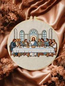 20x20厘米/7.9x7.9英寸刺绣套装，最后的晚餐图案，手工DIY刺绣套装，适合成人和初学者，包含绣布、说明书、绣绷和绣线，适合作为节日礼物、家居装饰和办公工艺品。 - A - 查看 3