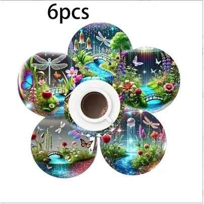6pcs 2D Printed Magical Wonderland Pattern Wooden Coasters, Suitable For Patio, Kitchen, Living Room, Home Gatherings, Dining Table Decor, Gifts For Friends And Family, Ideal For Valentine's Day, Wedding, Birthday, Holiday Party Home Accessories