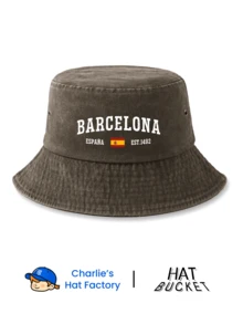 1顶男女通用复古水洗渔夫帽 - “巴塞罗那 西班牙”复古做旧字母图案 - 多种颜色可选 - 柔软可折叠遮阳帽，适合海滩，西班牙旅行纪念品 - BARCELONA - 查看 8