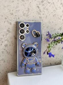 Astronaut Series Heart-Shaped Powder Compact, Electroplated Anti-Drop Phone Case + Electroplated Hidden Stand + Full Phone Case Set, Suitable For IPhone 11/12/13/14/15/16 Pro Max, S22/23/24+, A012345/654321, MOTO And Other Models - Blue - View 4