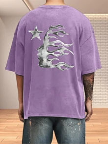 Men's Classic Crew Neck Printed T-Shirt |   Short Sleeve, Star And Flame Pattern, Stylish And Casual, Lightweight And Comfortable, Showing Personal Style. Made Of 100% Breathable Cotton Fabric, Suitable For All Seasons. Perfect For Daily Outings And Outdoor Activities. Men's Printed T-Shirt, An Ideal Gift For Family And Friends. - 紫色 - 查看 3