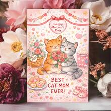 1pc Mother'S Day Greeting Card | Cartoon Cats Hugging With Bouquet, "Best Cat Mom Ever" | Invitation Pocket, Paper Material - Multicolor - View 7