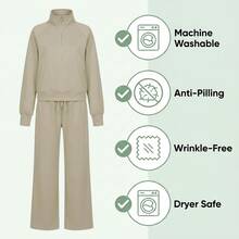 Women's 2 Piece Tracksuit Set - Half Zip Hoodie & Wide Leg Pants Loungewear With Pockets,Cozy 2 Piece Lounge Set - Sweatshirt & High Waisted Joggers For Home & Gym - 卡其色 - 查看 10