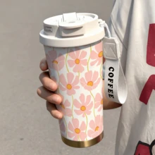 1个/18盎司花卉图案保温旅行咖啡杯，配皮质提手 - 保温12小时，保冷24小时 - 防漏可重复使用，适合办公室、通勤和户外活动 - 送给她的礼物 - 彩色 - 查看 8