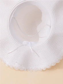 1顶女童白色波浪形沙滩遮阳帽，带蝴蝶结，优雅防紫外线，适合海滩、旅行、度假，波西米亚风格 - 1PC - 查看 5