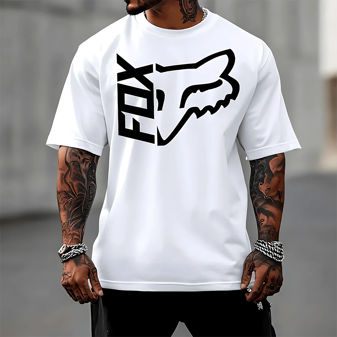 Fox Racing, Modelo De Impresión De Cabeza De Zorro Emparejado Negro De Manga Corta Para Hombres De Verano, Camiseta De T-Shirt, Camiseta De Cuello Redondo Extremo, Lavable, Ropa De Calle, Puede Ser Un Regalo Para Los Amantes De Todo El Camino, Adecuado Para La Búsqueda Del Estilo Deportivo Extremo De Vestir Todos Los Días, Resaltando La Actitud Individual De La Calle De La Elección - 白色 - 查看 1