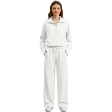 Women's 2 Piece Tracksuit Set - Half Zip Hoodie & Wide Leg Pants Loungewear With Pockets,Cozy 2 Piece Lounge Set - Sweatshirt & High Waisted Joggers For Home & Gym - 白色 - 查看 11