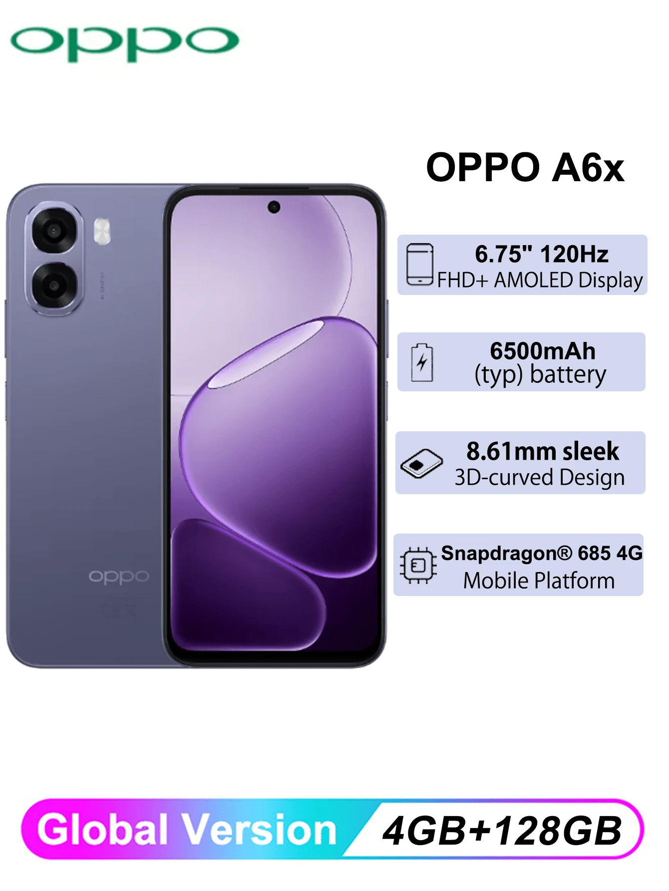 OPPO A6x 智能手机全球版，配备 6500mAh 大容量电池、120Hz 超亮显示屏、48 个月质保，搭载骁龙® 685 4G 移动平台。 - 紫色 - 查看 1