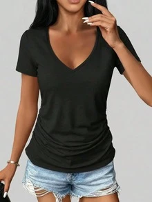 两件装女士休闲V领短袖T恤 - 宽松纯色上衣（黑/白），可机洗，四季皆宜，日常穿着，褶皱设计，夏季舒适 - 黑色+白色 - 查看 3