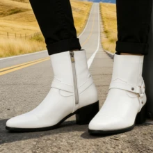 Men's Square-Toed High Heel Shoes Hairdresser Fashion Chelsea  Boots European And American Ring Buckle Luxury Short Boots - 白色 - 查看 12