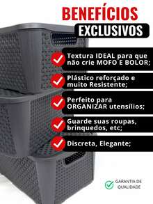 Kit 3 REINFORCED Organizing Boxes Organizer Basket Kit 13 Liters Rattan With Multipurpose Lid - 黑色 - 查看 2