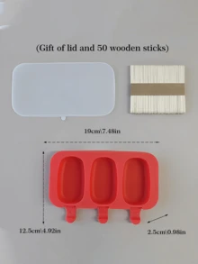 1pc 3-Cavity Oval Silicone Ice Pop Mold, DIY Ice Cream Popsicle Maker, Comes With Lid And 50pcs Wooden Sticks - Multicolor - View 17
