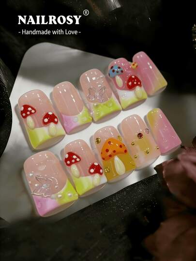 nailrosy 10pcs Green Blue White Floral Gift Box Included Handmade Dopamine Press On Nails -3D Y2K Duck Bill Style, Reusable Fake Nails,Rhinestones | Bling Colorful French TipsCute Nails |Gift For Her, Essential Nails, Daily Nails,