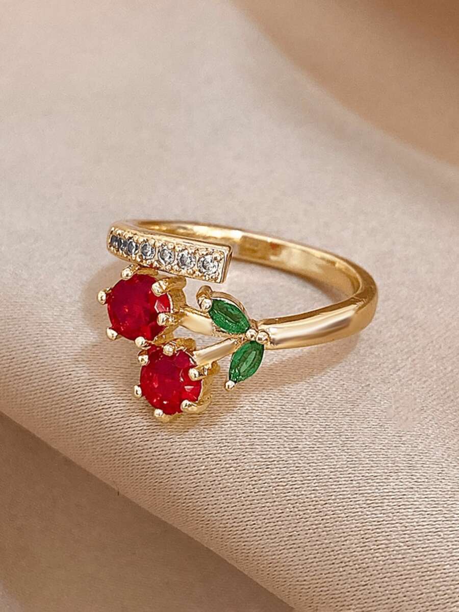 1pc Cherry Adjustable Ring, Gift For Girls, Moms, Teachers, Essential For Boho Summer Beach Travel Party, Suitable For Carnival/Ball/Party/Daily Wear, Golden Jewelry, Back To School Gift, Birthday Gift - Multicolor - View 1