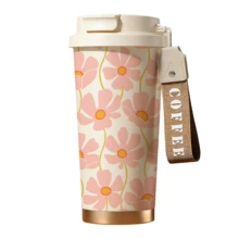 1个/18盎司花卉图案保温旅行咖啡杯，配皮质提手 - 保温12小时，保冷24小时 - 防漏可重复使用，适合办公室、通勤和户外活动 - 送给她的礼物 - 彩色 - 查看 12