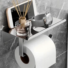 1pc Stainless Steel Toilet Paper Holder With Shelf & Phone Stand - Wall Mounted Space Saving Bathroom Organizer For Tissue And Accessories - A - View 3
