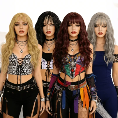 Long Wavy Wigs With Bangs For Women - High Quality Synthetic Hair, Natural Daily Wear, Y2K & Kpop Aesthetic, Versatile Wigs For Ladies (Grey, Blonde, Black, Burgundy)