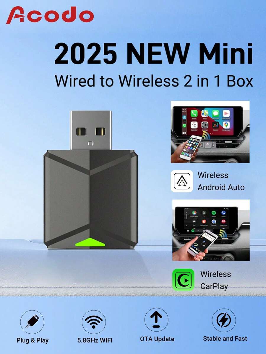 XUDA 2025新款有线转无线CarPlay和Android Auto二合一适配器，兼容99%原厂有线CarPlay/Android Auto支持的车辆，支持2.4~5.0 GHz WiFi5，时尚便携