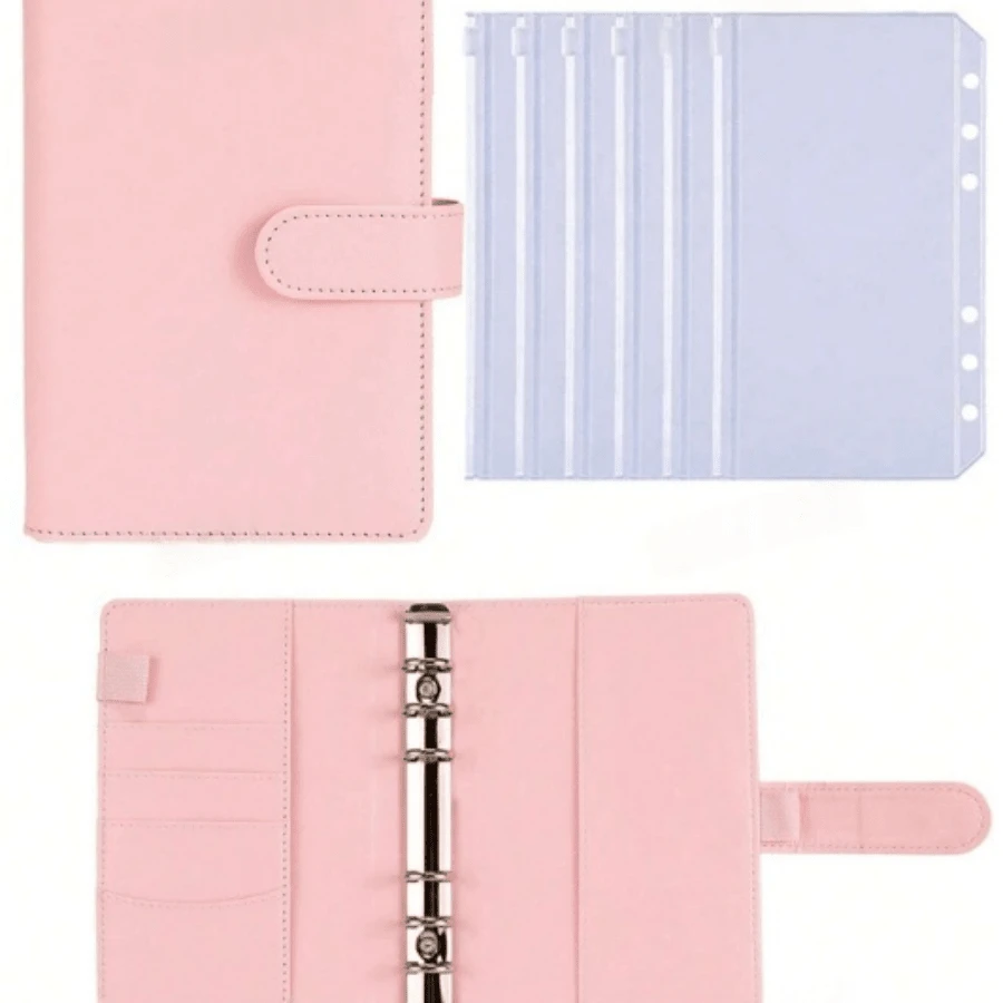 1 pieza Cuaderno con carpeta con cremallera tipo macaron, bolsa de almacenamiento para notas, facturas y ahorros - Rosa - Ver 1